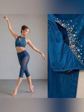 Kelle dance solo costume teal blue 2 piece custom rhinestone MA-Medium adult